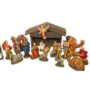 Vintage 20 Piece Atlantic Mold Nativity Set Plus Stable 1970s Ceramic
